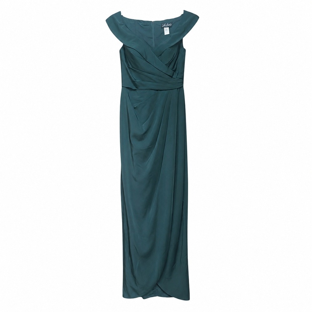 La Femme Dress Gown 4 Green Off Shoulder Ruched Jersey Column Long Formal Zip - Picture 9 of 9